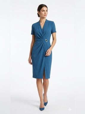 Donna Karan New York Blue Sheath Dress V-Neck Ring Detail Short Sleeve 10